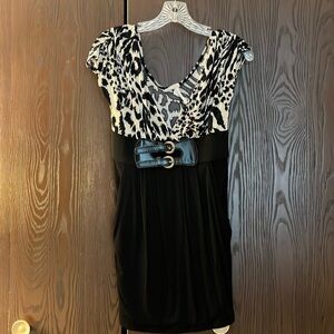 Poetry sleeveless animal print top/ black bottom with belt, mini dress. Size S